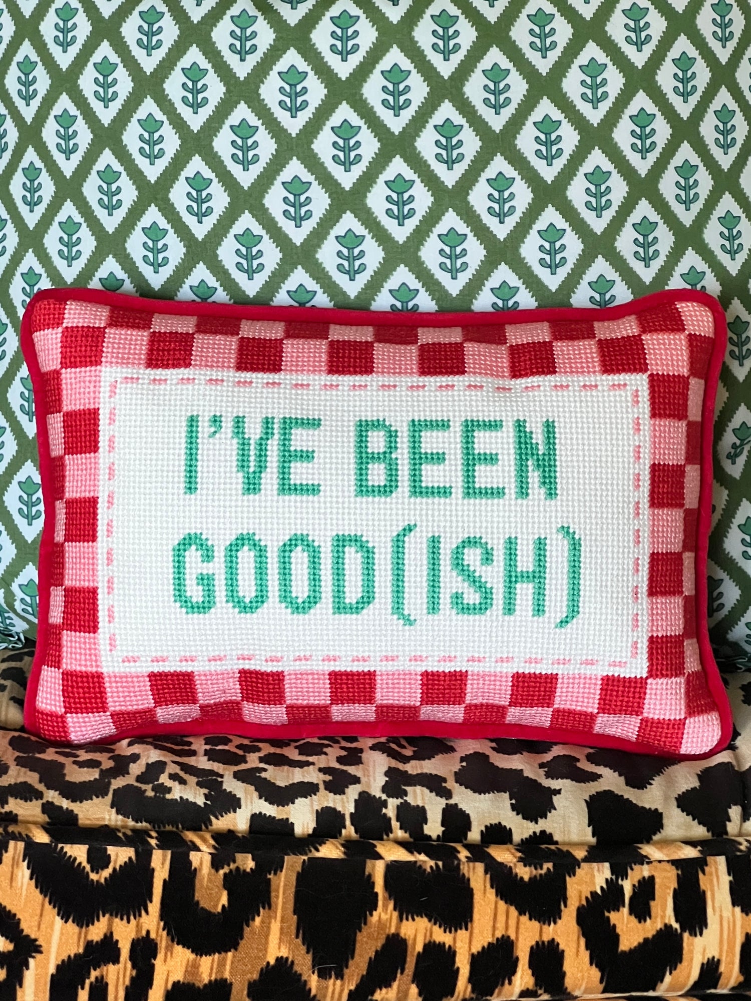 “I’ve been good(ish)” needlepoint pillow