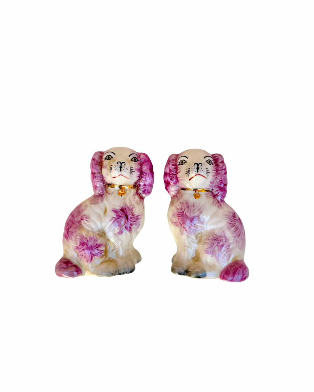 Mini pink porcelain Staffordshire dog figurine pair