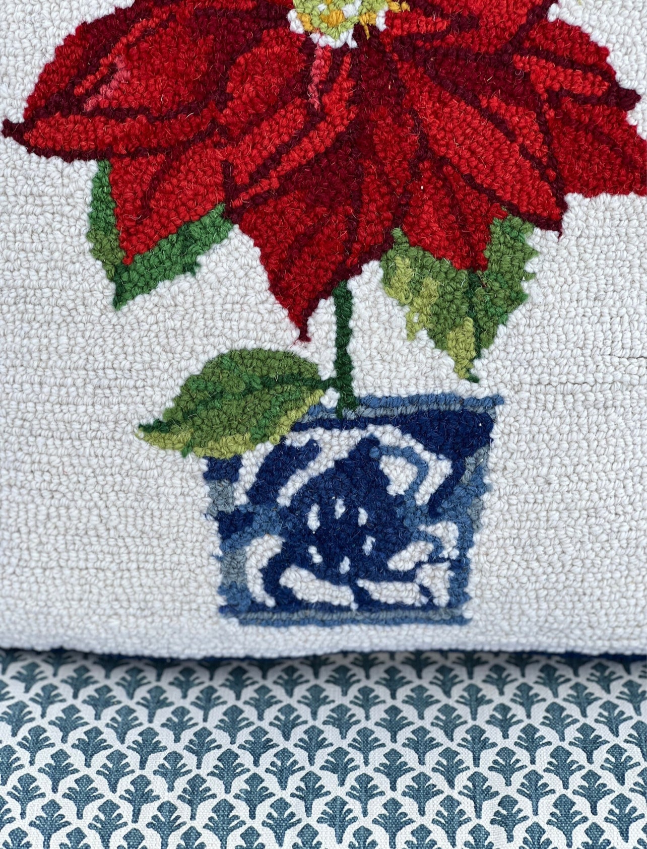 Holiday chinoiserie potted poinsettia hooked wool pillow