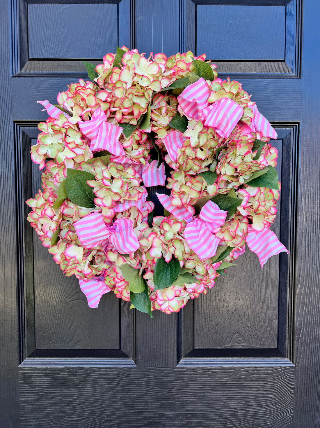 Green hydrangea wreath with optional pink striped ribbon, or coral gingham ribbon