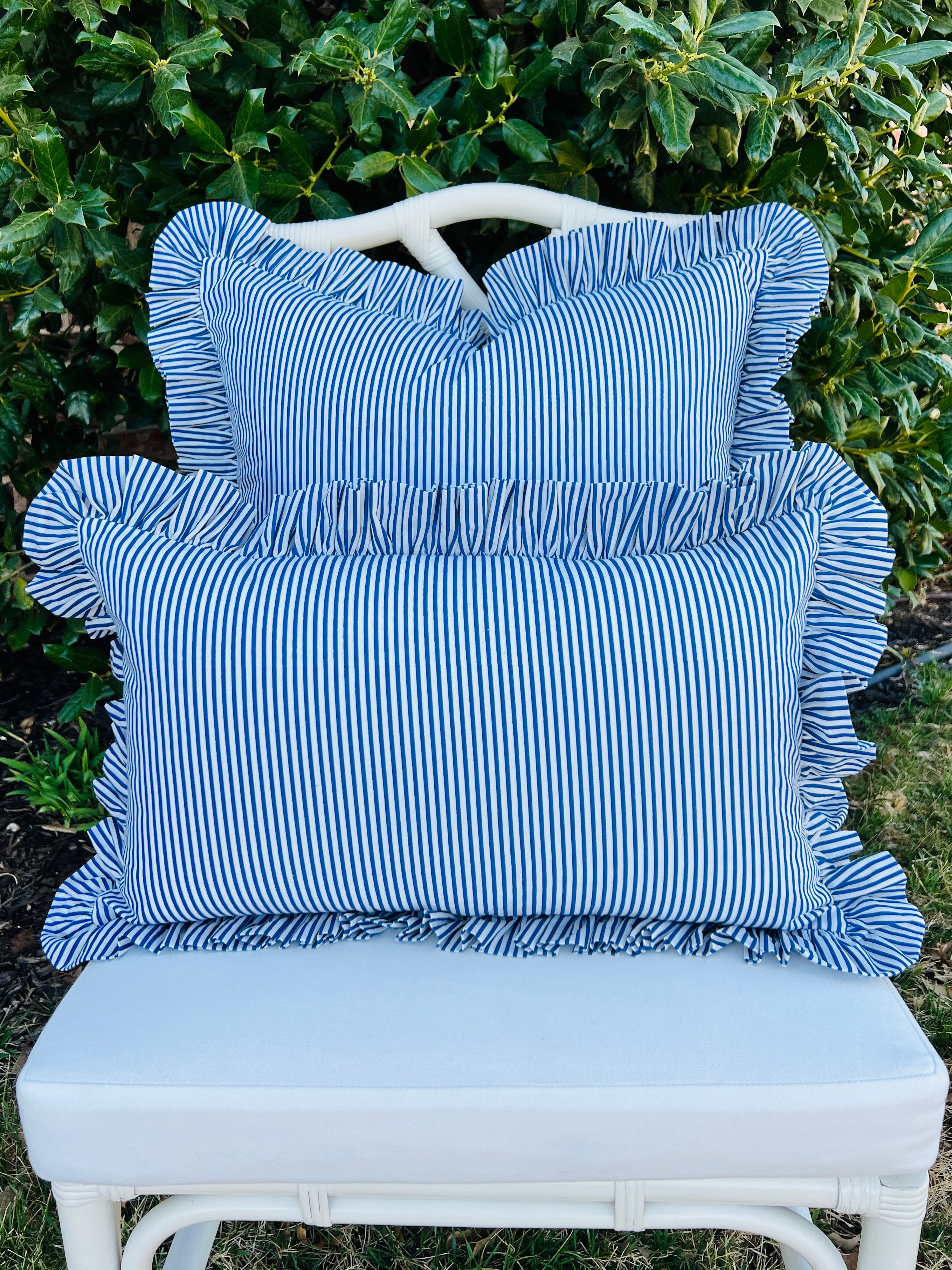 Blue striped ruffle pillow cover, two sizes