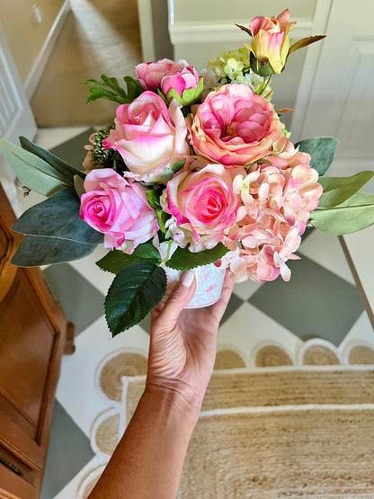 Petite faux floral arrangement, pink garden roses and hydrangeas in pink and white chinoiserie pot