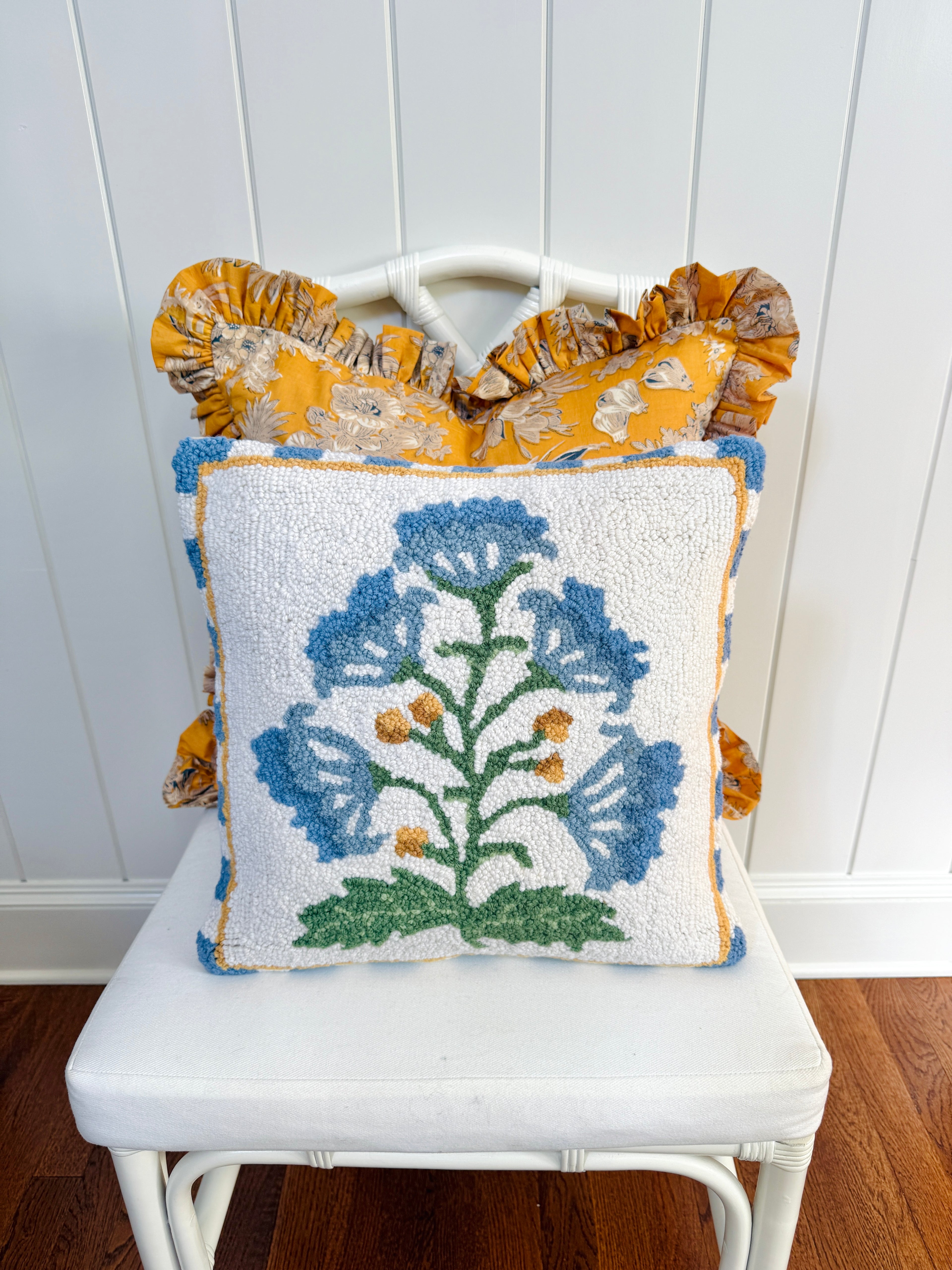 Mughal blue flower hand hooked pillow