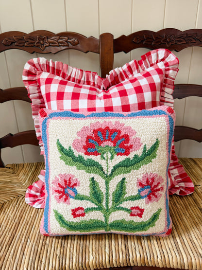 Mughal floral square hand hooked pillow pink and blue