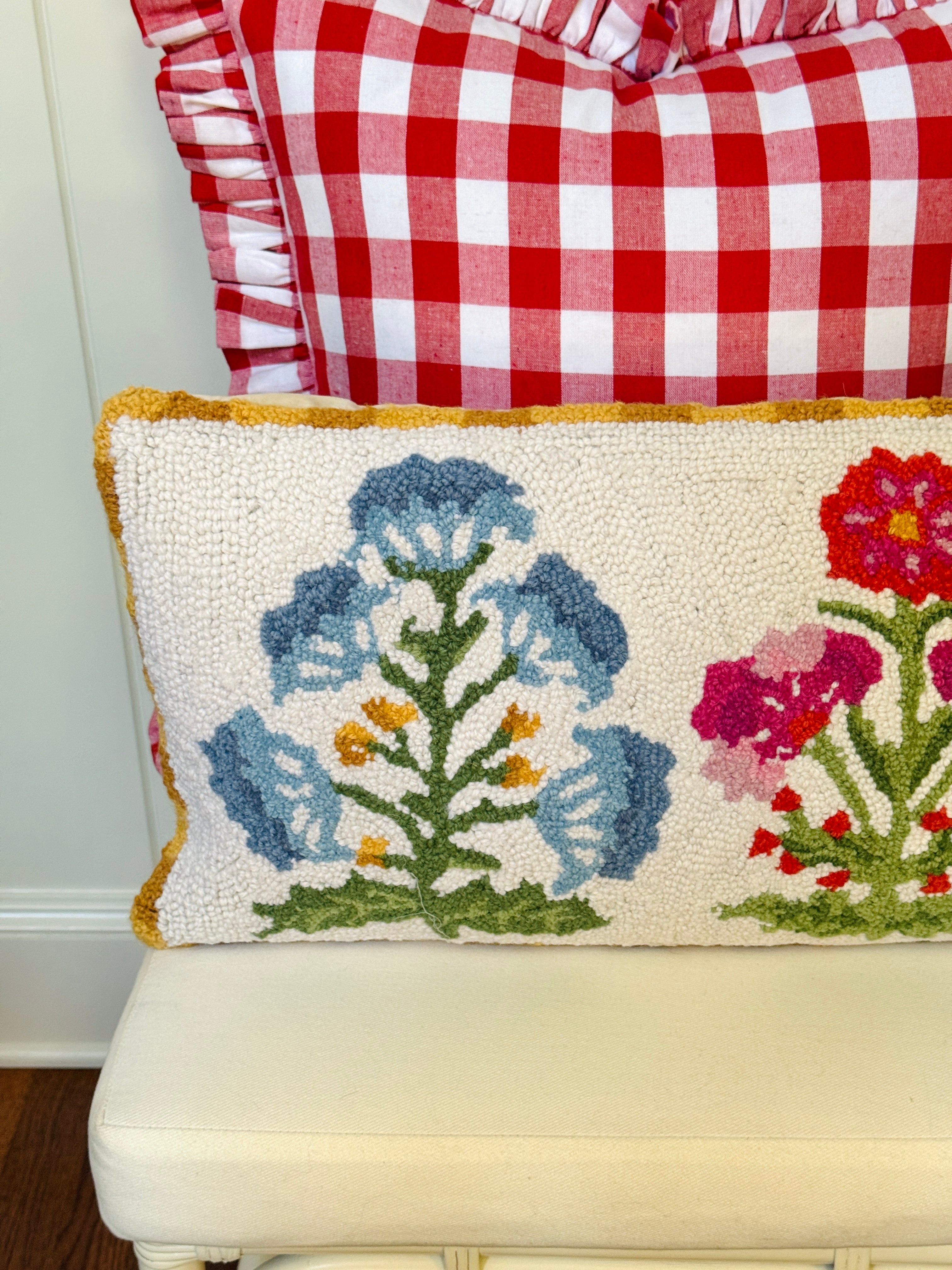 Mughal pink and blue flower hand hooked lumbar pillow