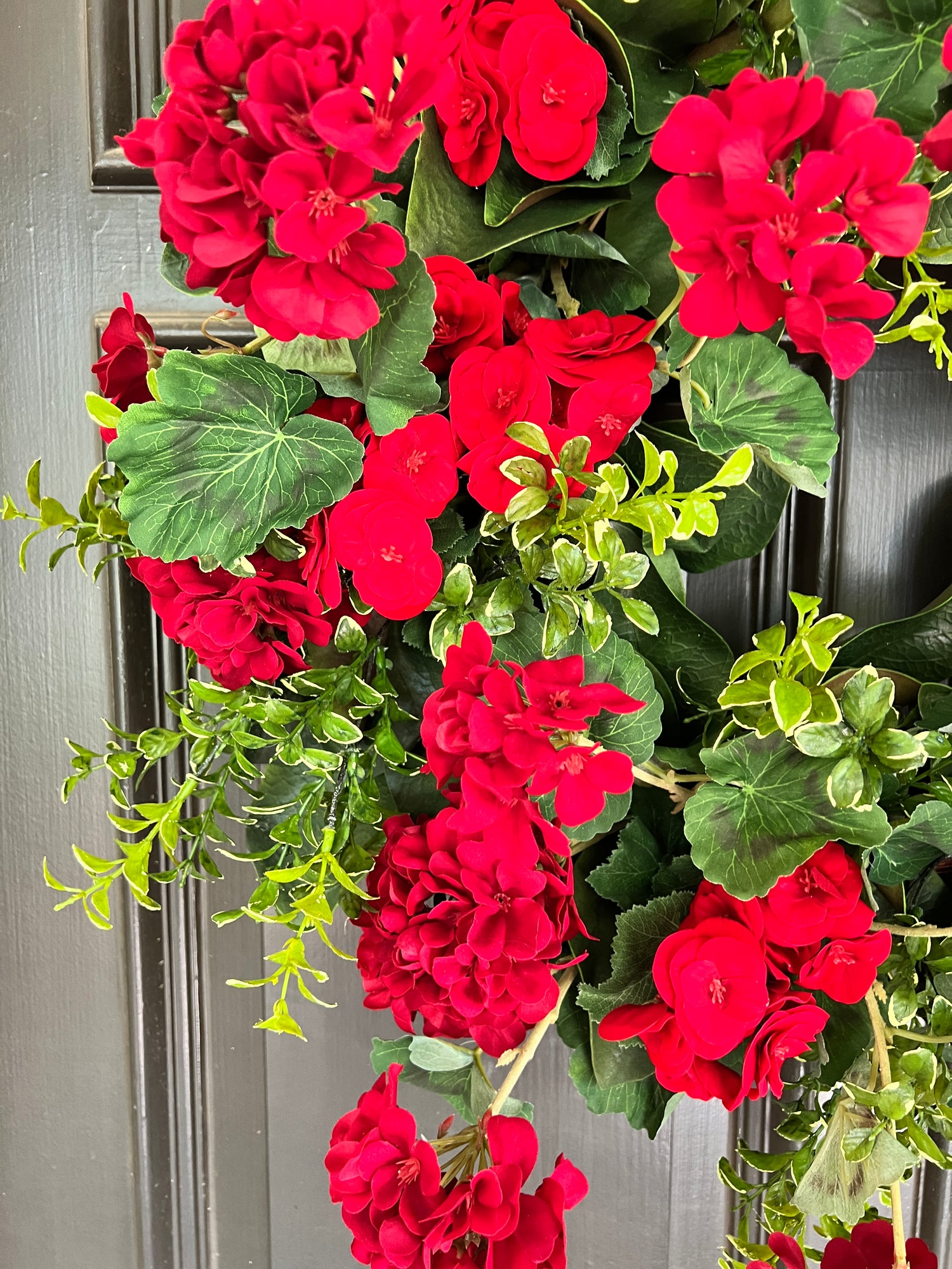 Red geranium and begonia wreath 30”