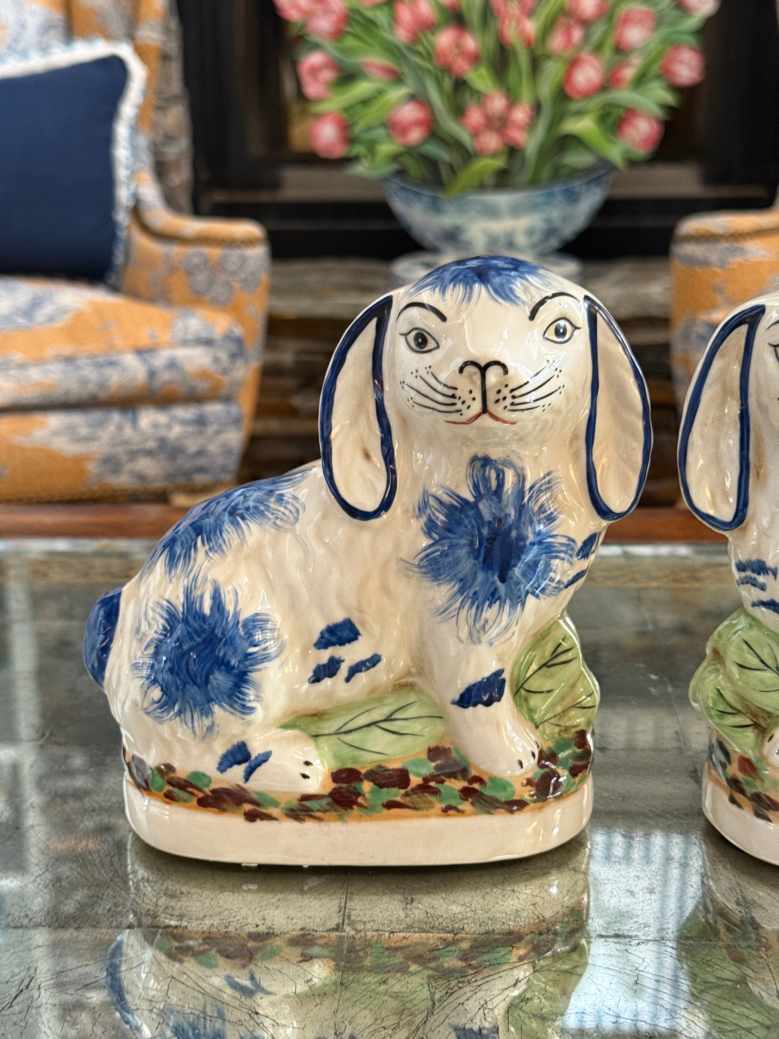 Staffordshire bunny pair blue 6.5”
