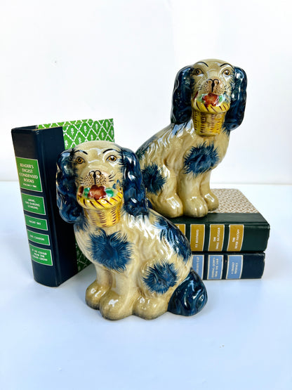 Staffordshire dog pair with flower baskets- blue