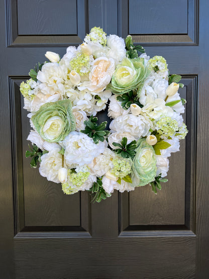 White floral and green cabbage wreath 22”