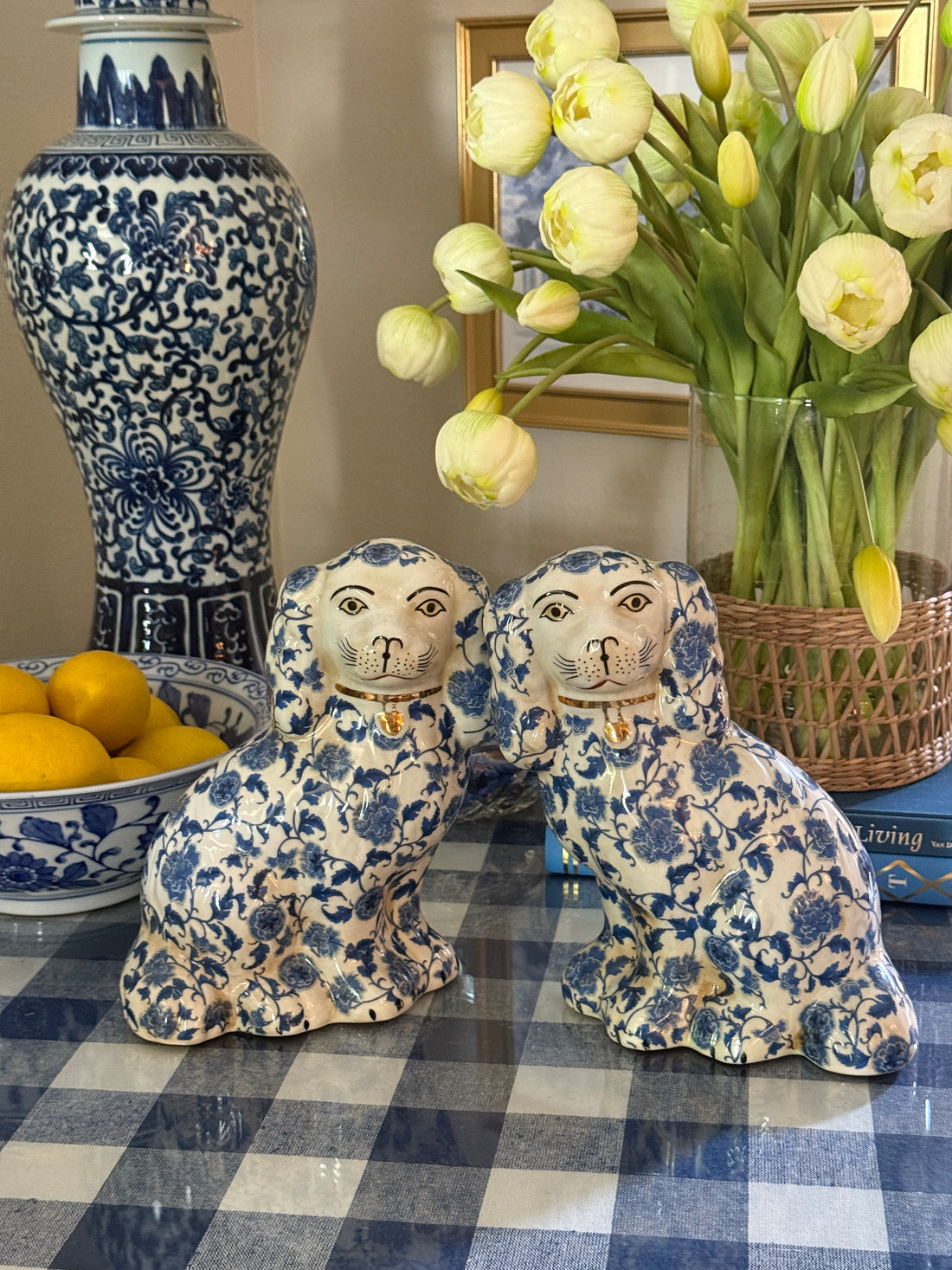 Large blue and white floral Staffordshire dog pair 9” tall
