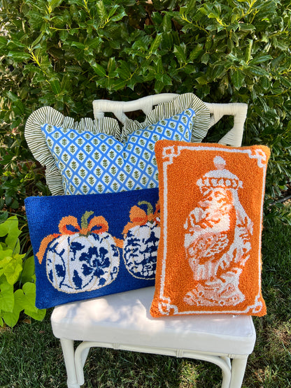 Orange chinoiserie ginger jar hooked pillow