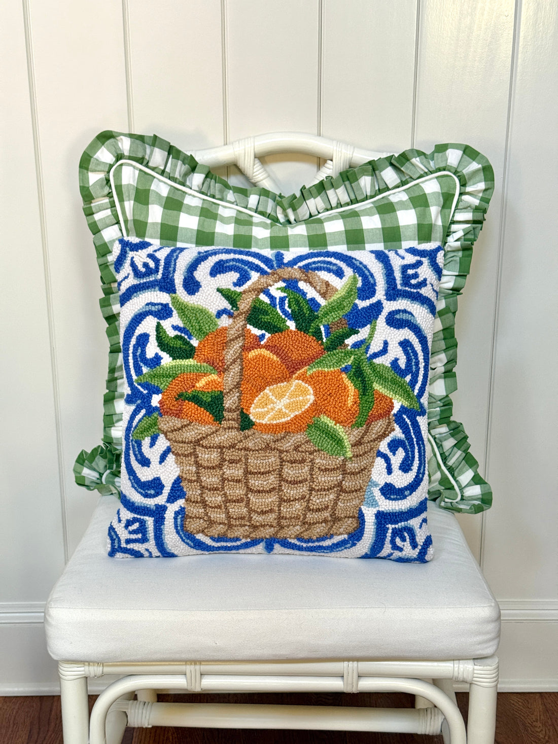 Mediterranean oranges in basket hand hooked pillow