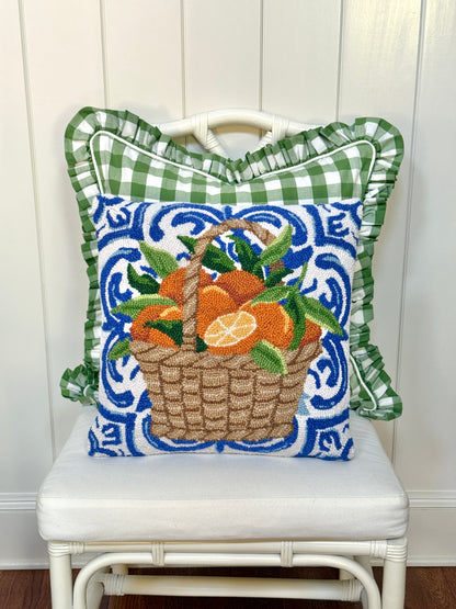 Mediterranean oranges in basket hand hooked pillow