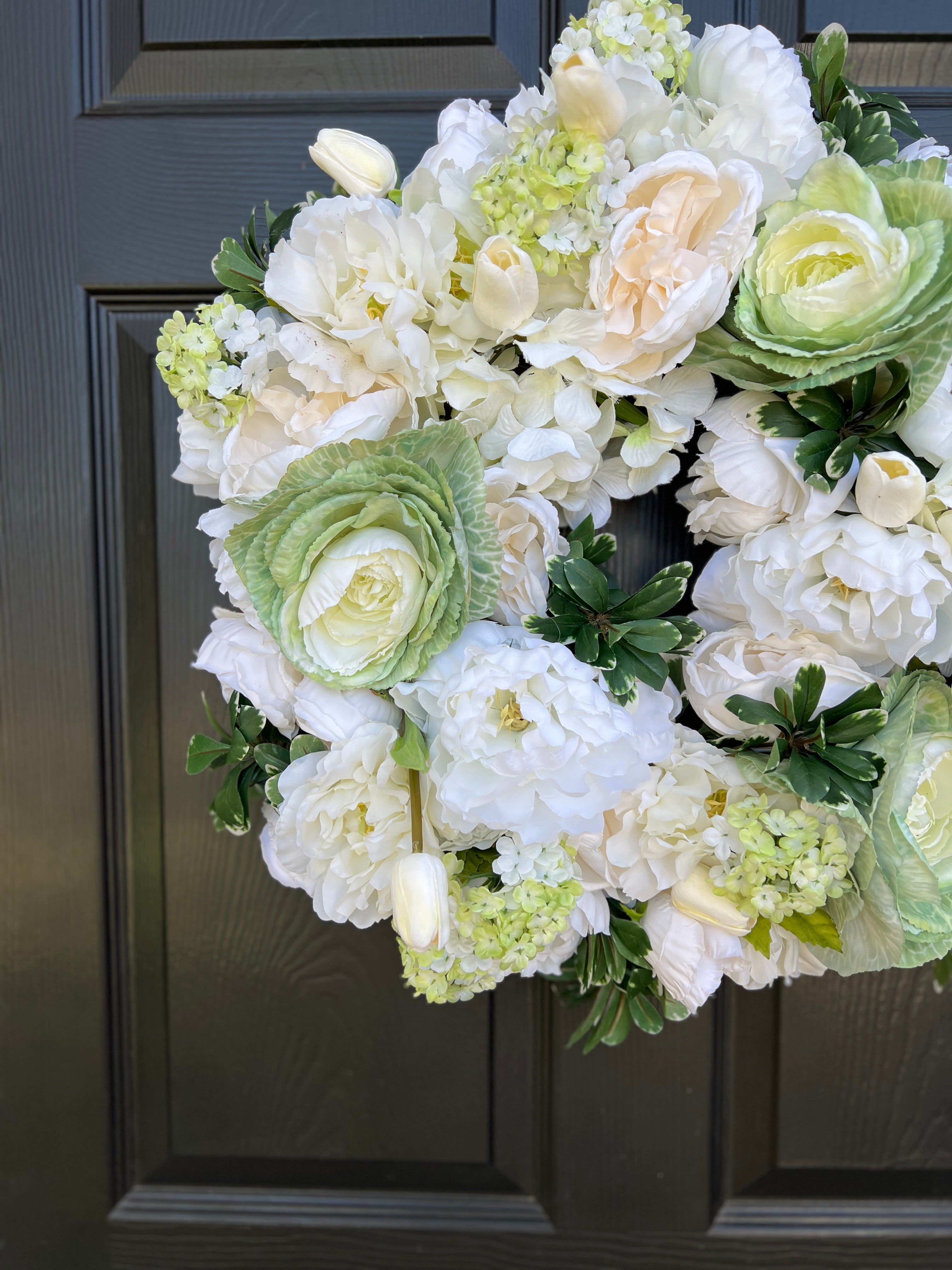 White floral and green cabbage wreath 22”