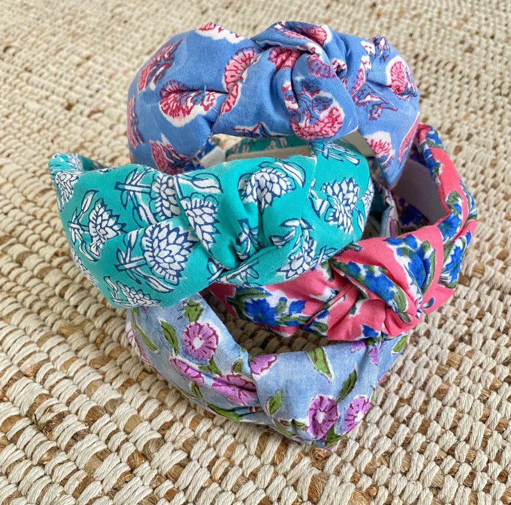 Blue and pink block print headband