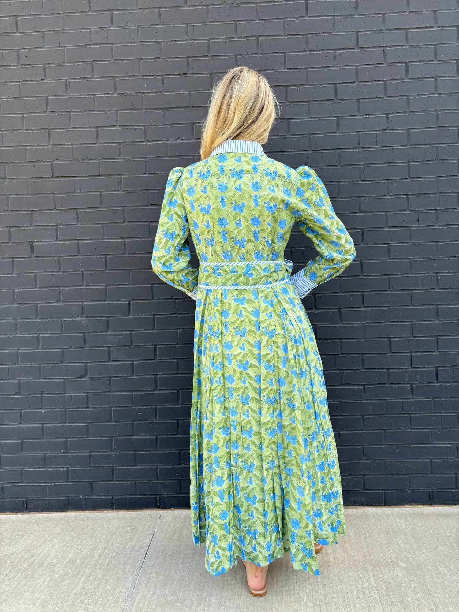 The Mary maxi shirtdress in green and blue freesia block print