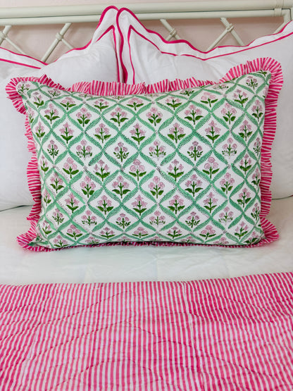 Hot pink and green floral trellis block print bedding collection
