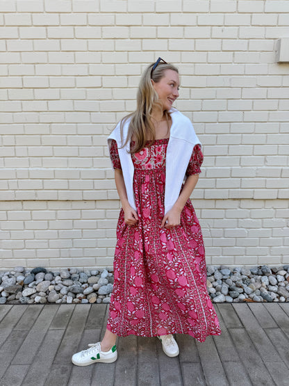 Lottie dress with puff sleeves in red and pink