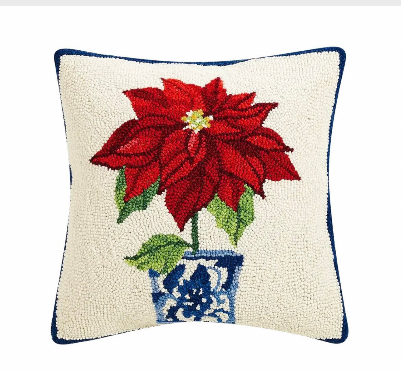 Holiday chinoiserie potted poinsettia hooked wool pillow