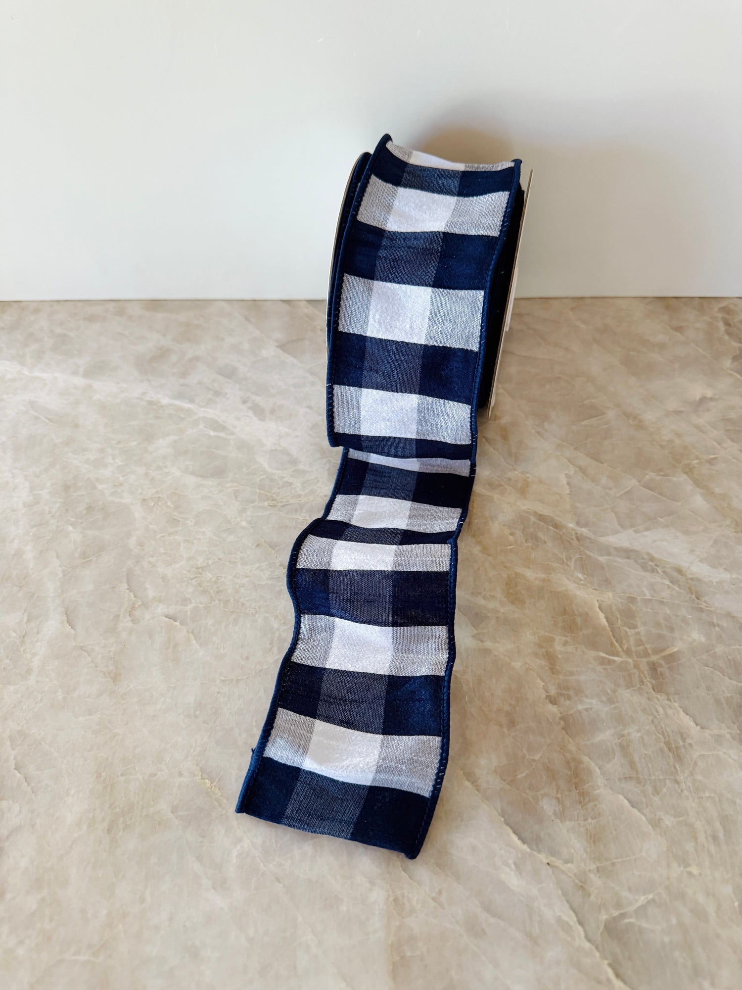 Navy dupioni check ribbon by the roll 2.5” x 10 yards
