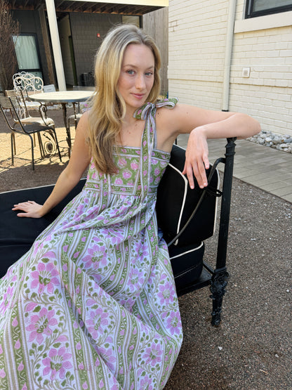 Lottie dress with tie shoulders in pink and green