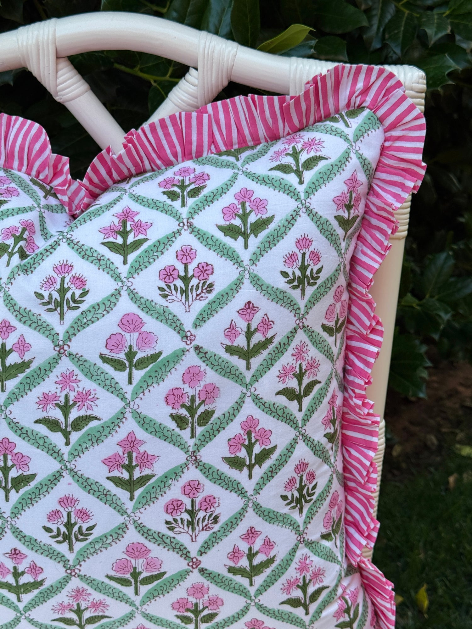 Hot pink and green floral trellis block print bedding collection