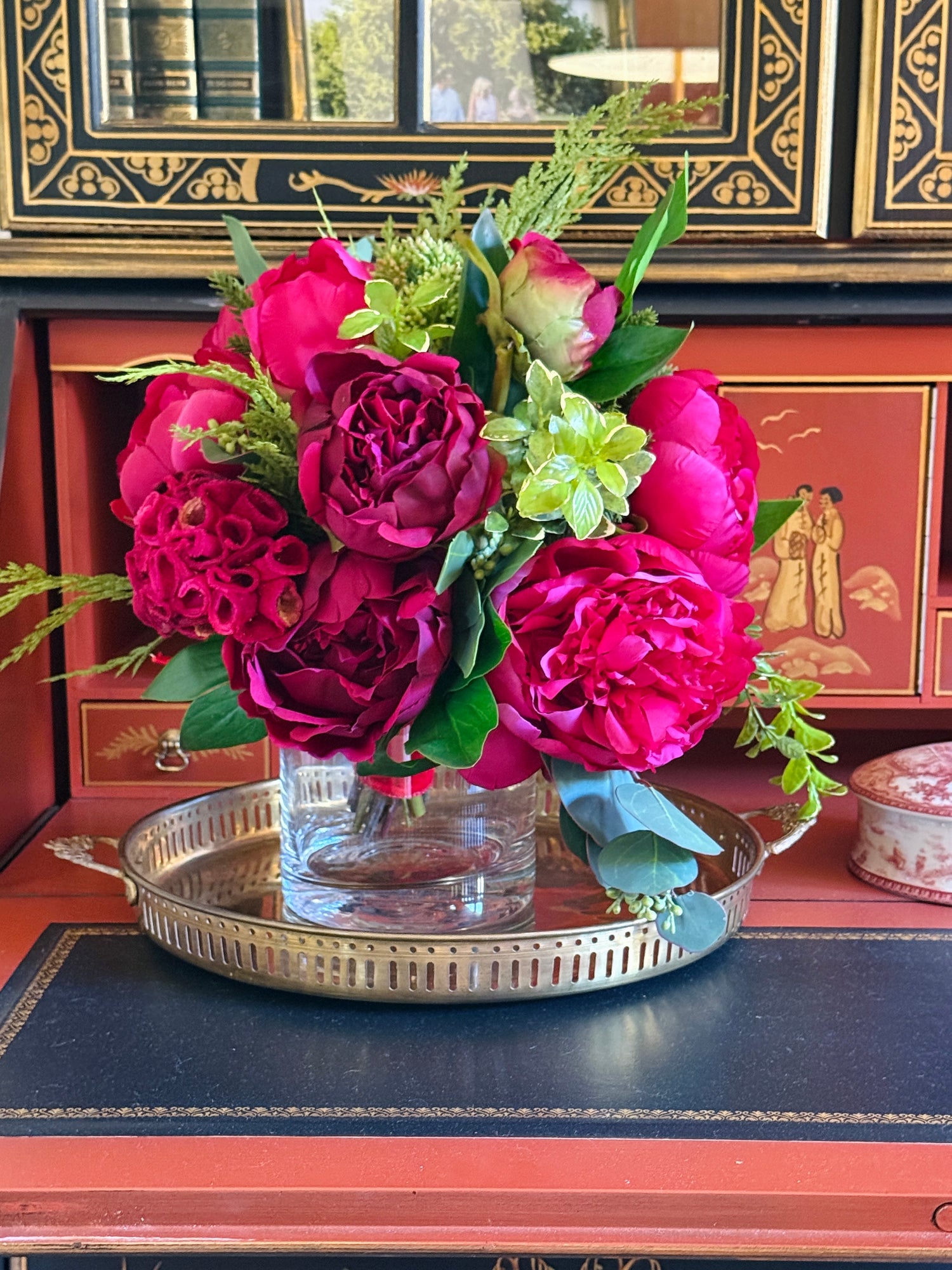 Fuchsia, magenta, and red winter faux floral drop-in bouquet
