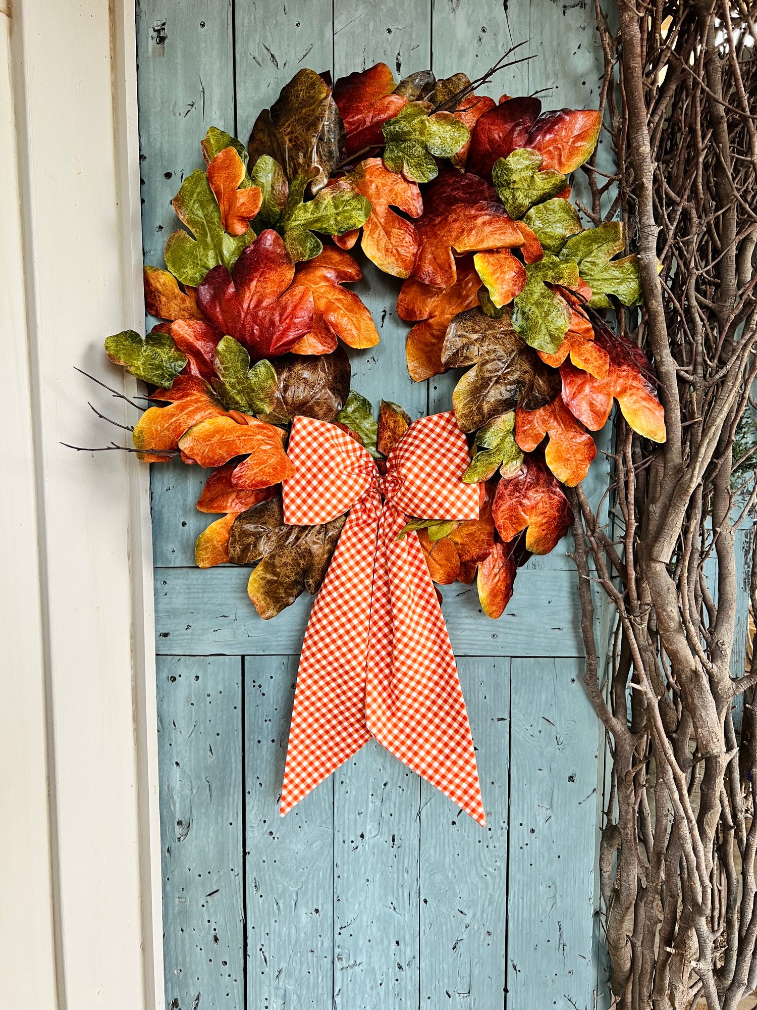 Orange and white gingham bias check Fall wreath sash,  embroidered monogram available