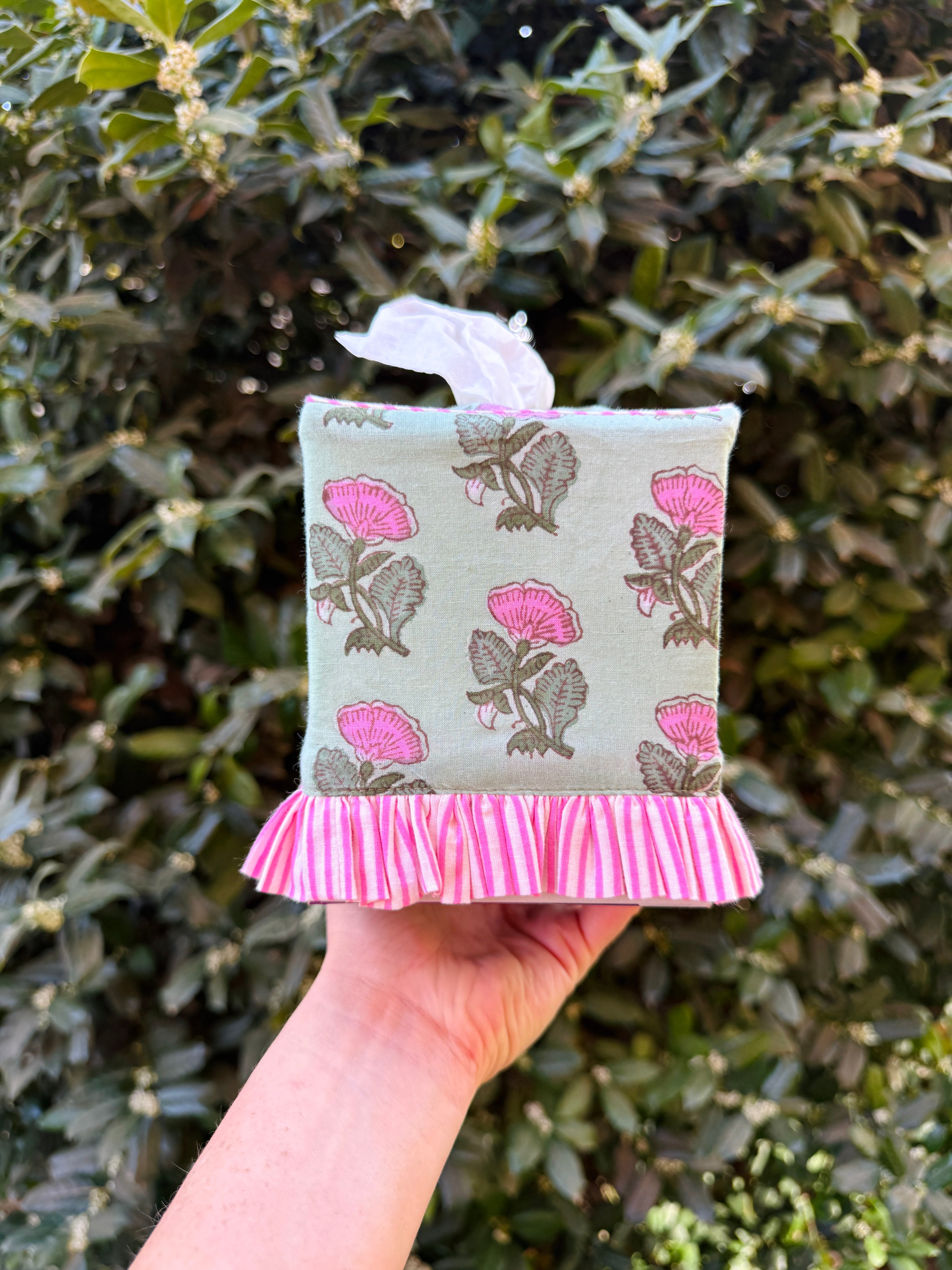 Green and pink block print floral tissue cover, custom monogram available