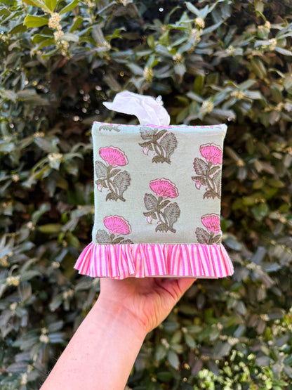 Green and pink block print floral tissue cover, custom monogram available