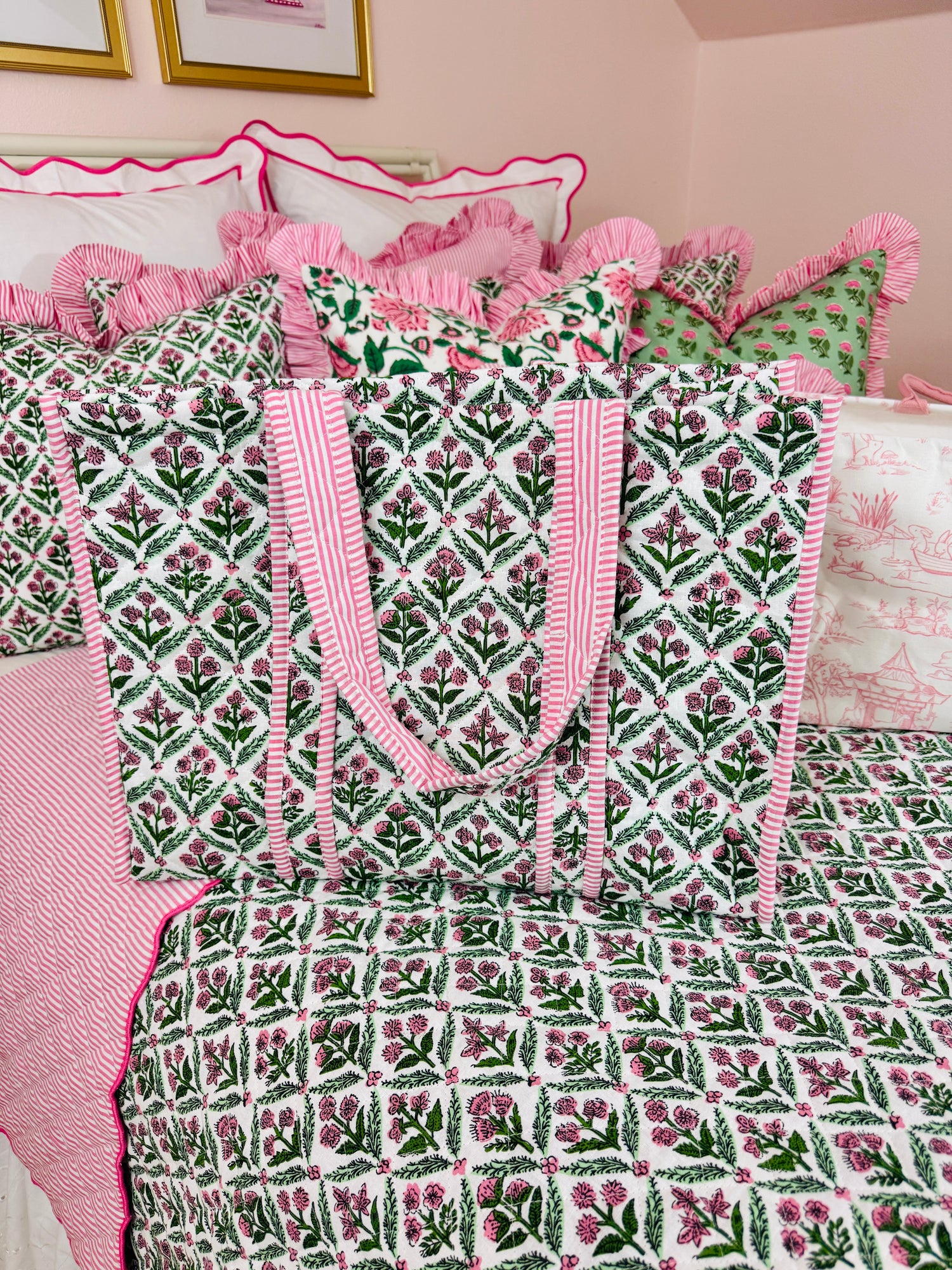 Pink and green quilted block print oversized tote bag monogram available