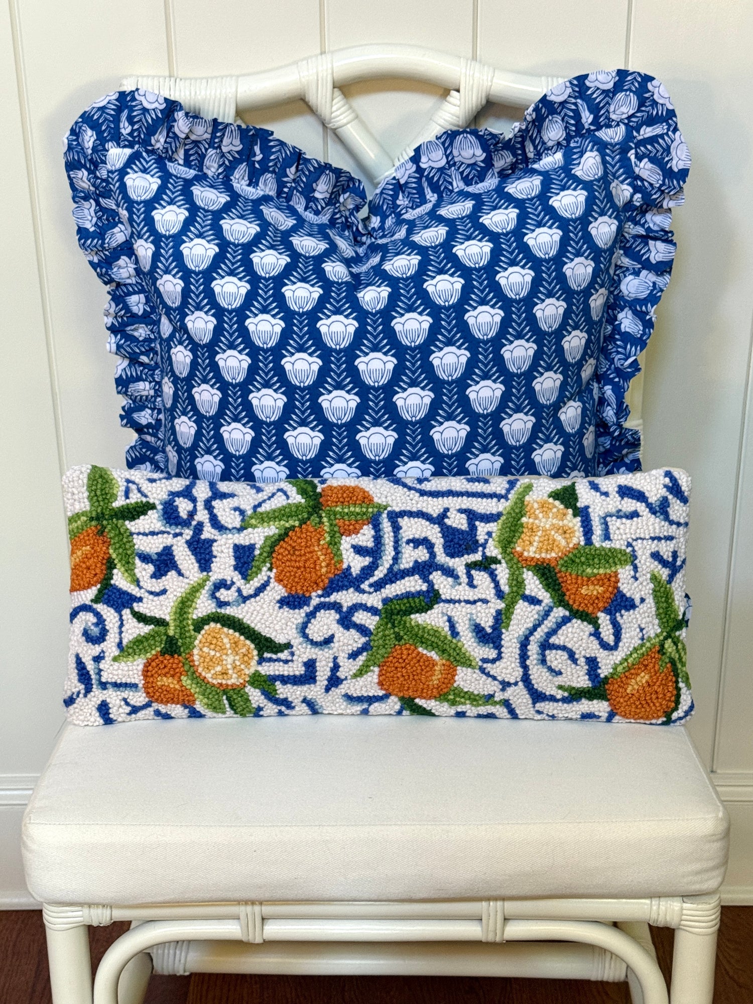 Blue and white tulip block print floral pillow cover, monogram available