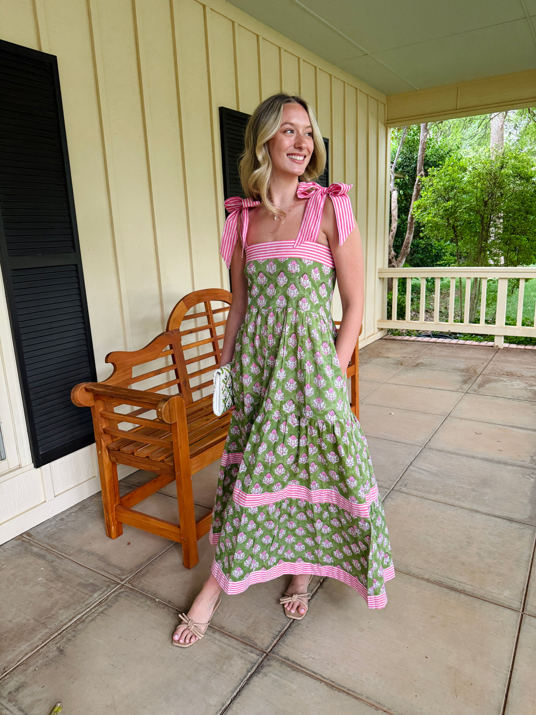 Maisie Maxi Dress in Green Posy block print