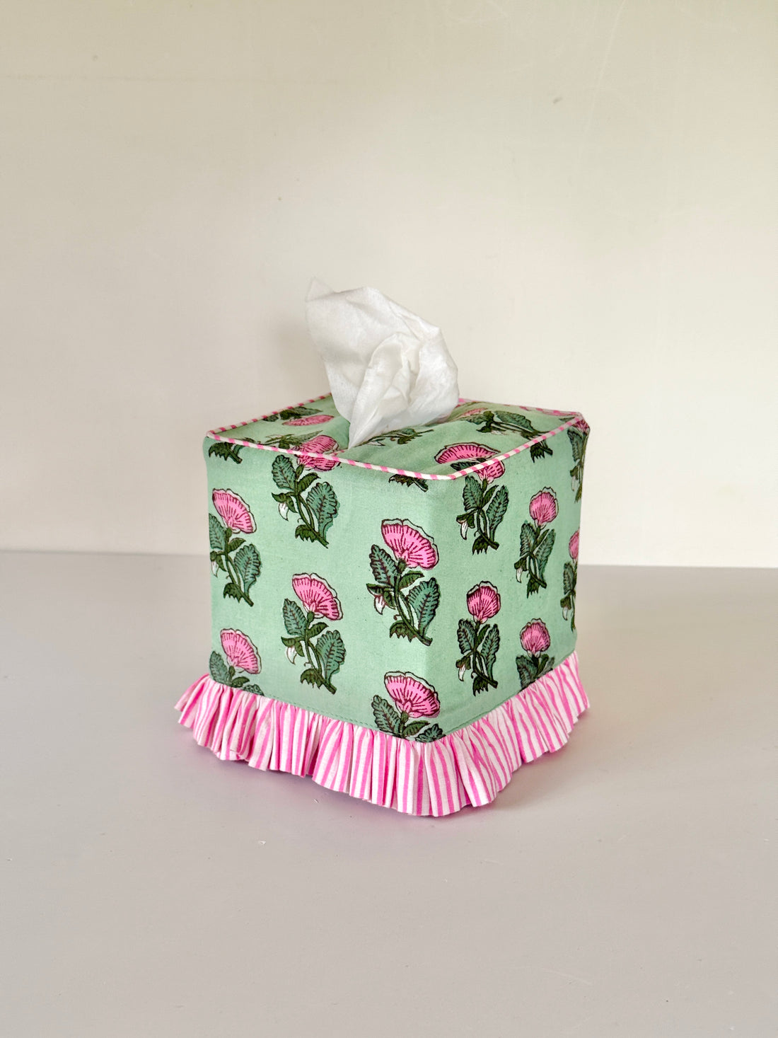 Green and pink block print floral tissue cover, custom monogram available