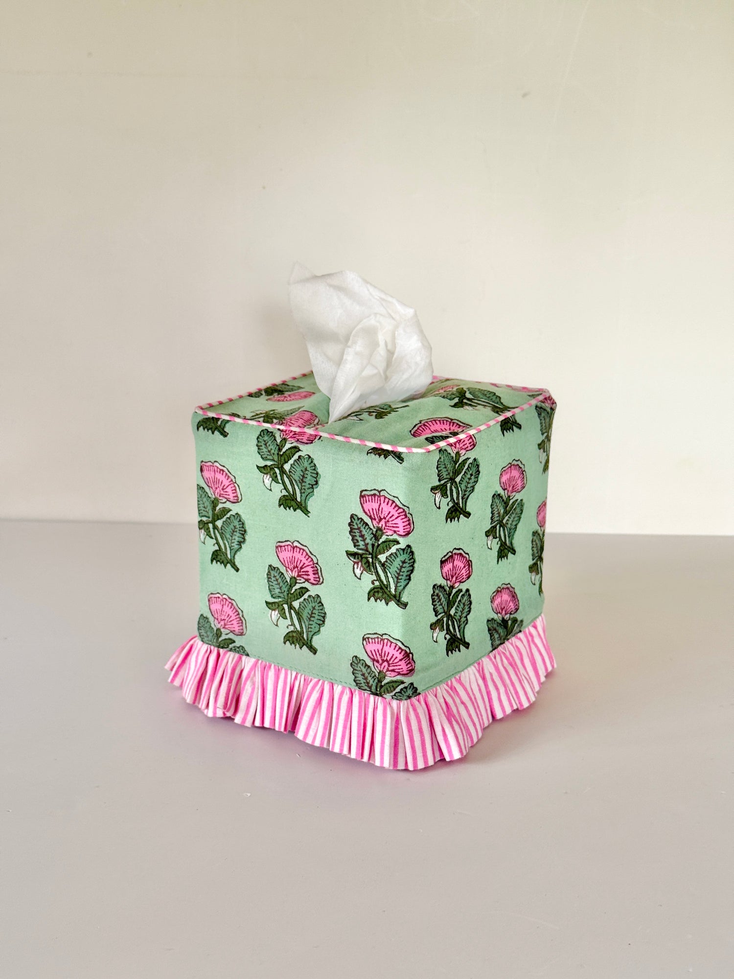 Green and pink block print floral tissue cover, custom monogram available