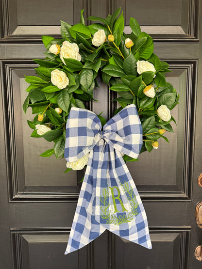 Blue buffalo check wreath sash standard size monogram available