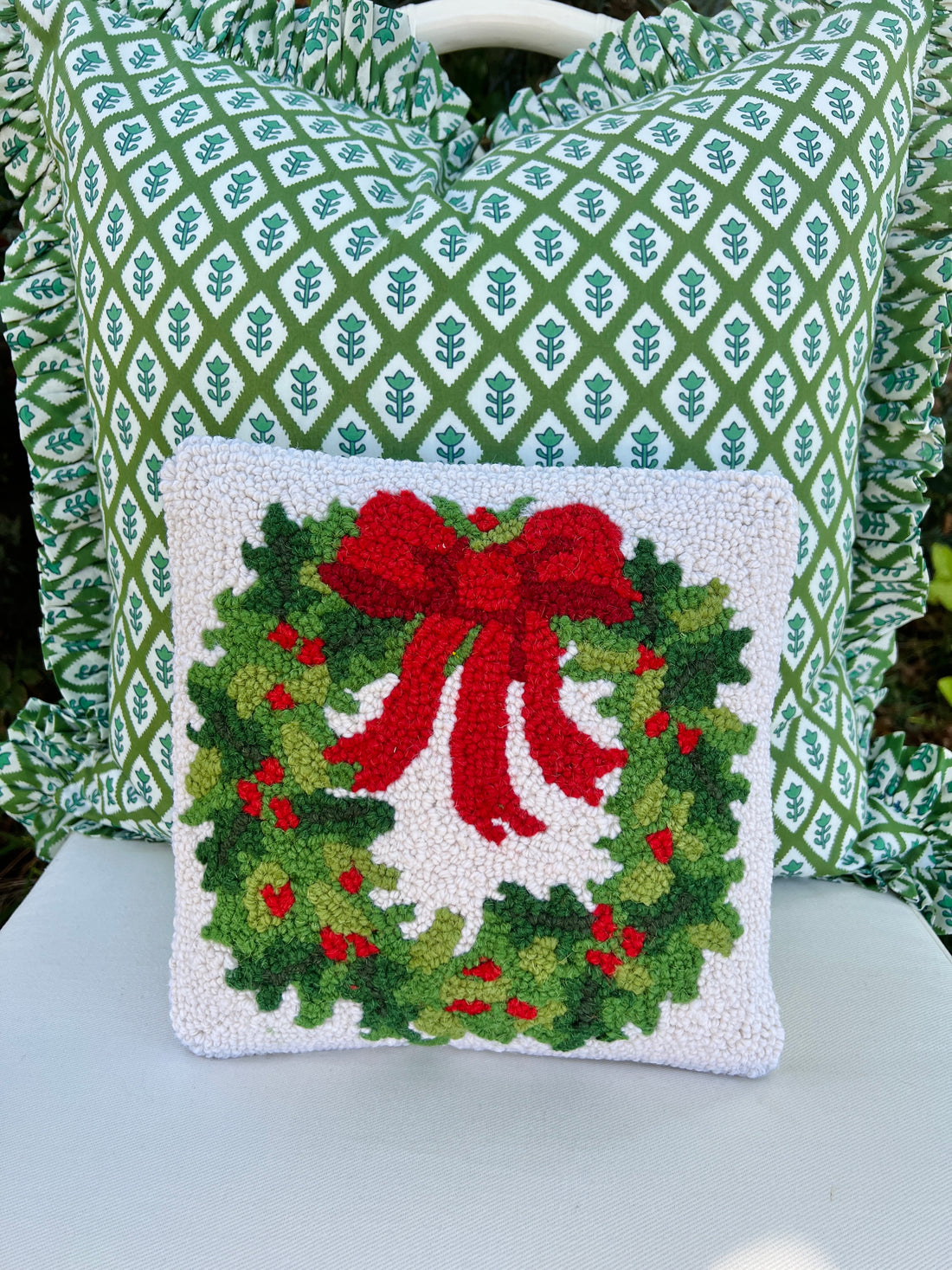 Little holiday wreath hand hooked pillow