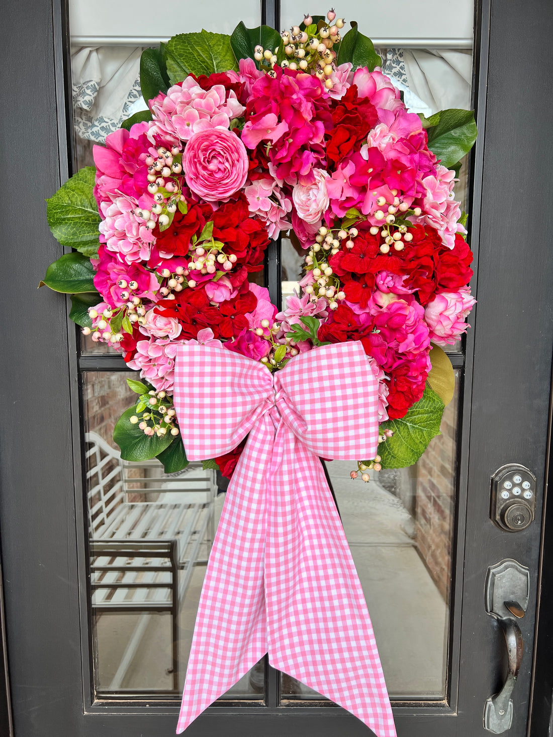 Pink and red hydrangea, peony, and ranunculus wreath, Valentine’s Day wreath with pink gingham bow sash