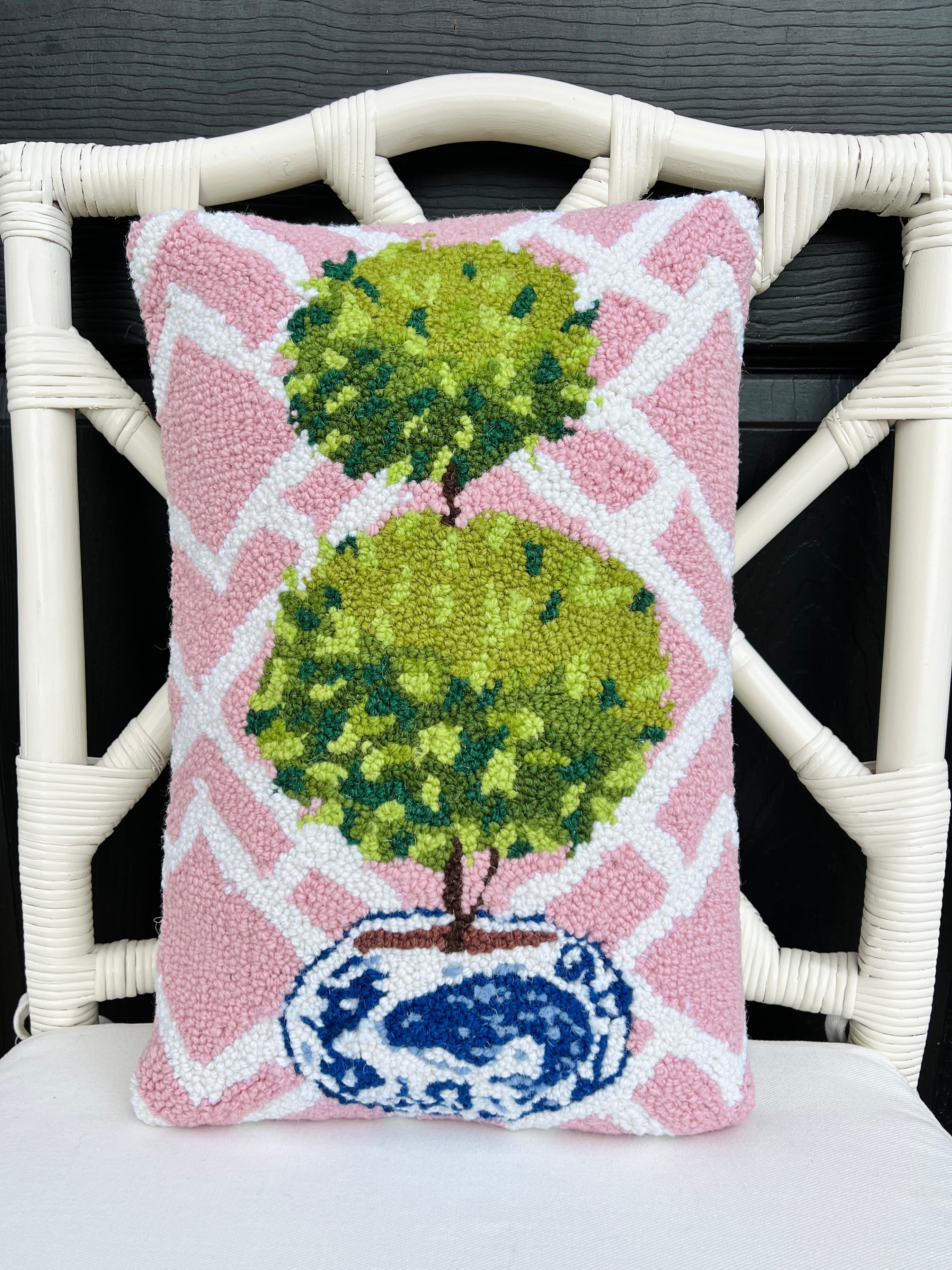 Pink trellis hooked wool topiary pillow