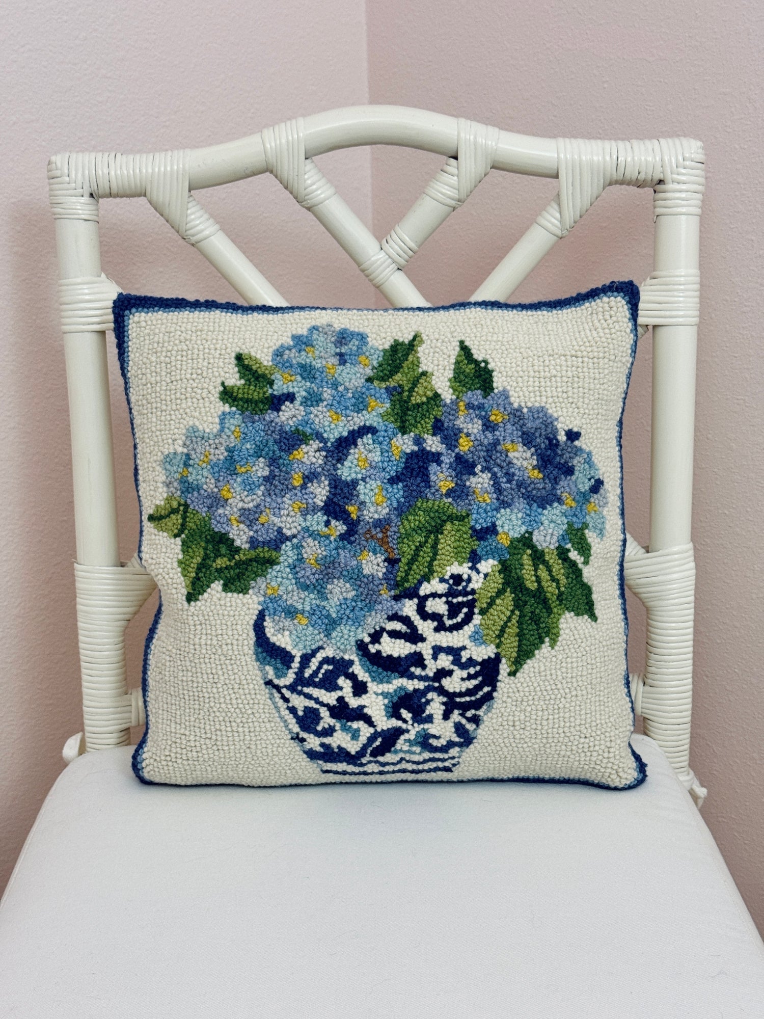 Chinoiserie hydrangeas 1 hand hooked pillow