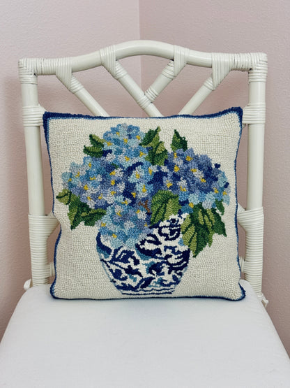Chinoiserie hydrangeas 1 hand hooked pillow