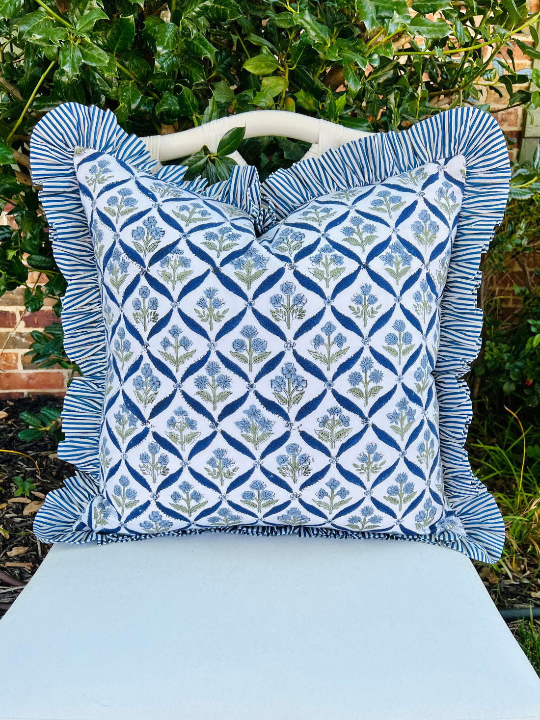 Blue and green floral trellis pillow cover, monogram available