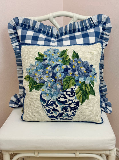 Blue buffalo check ruffle pillow cover