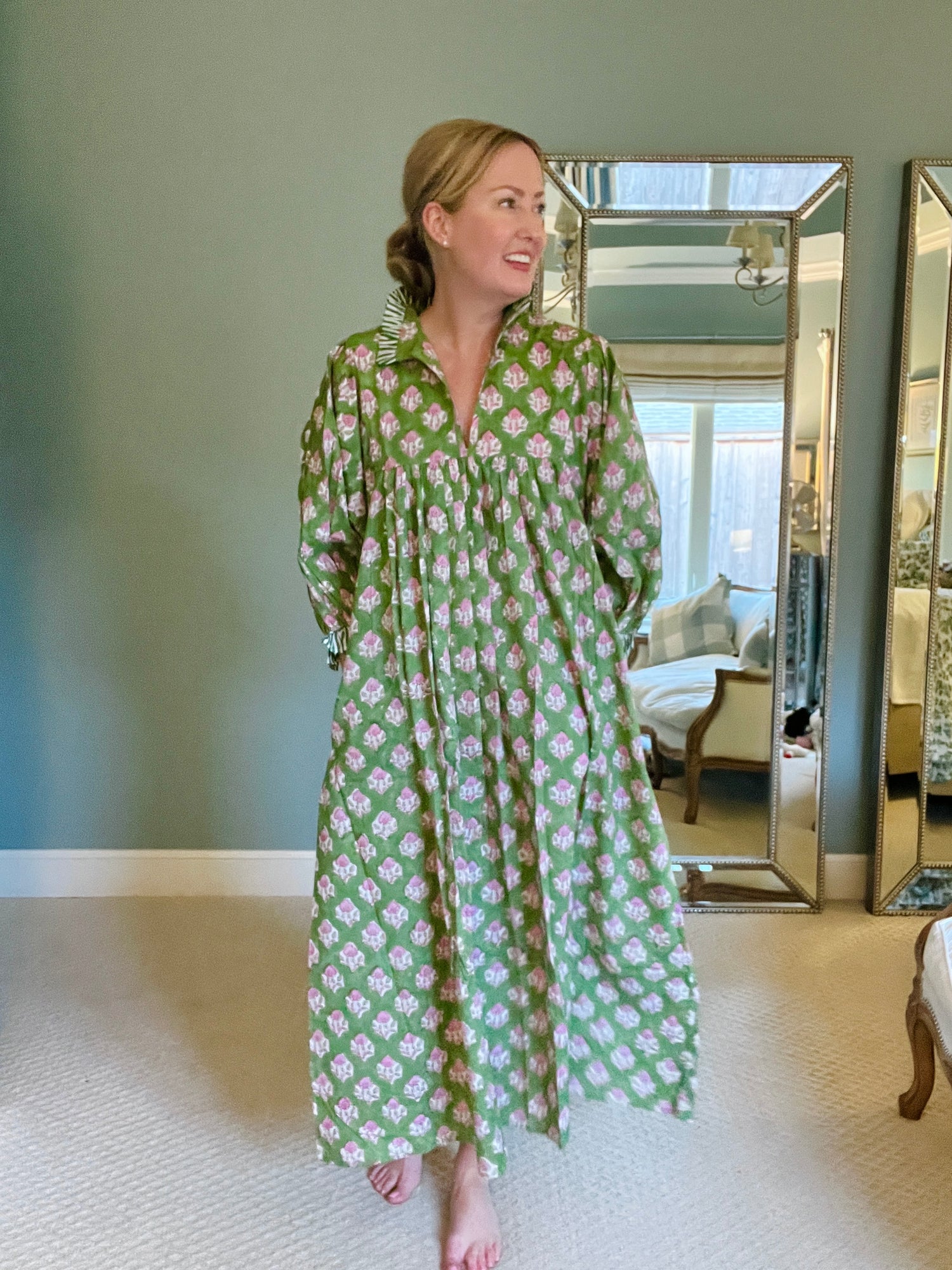 Lillie caftan maxi dress green block print Lillie caftan maxi dress green block print
