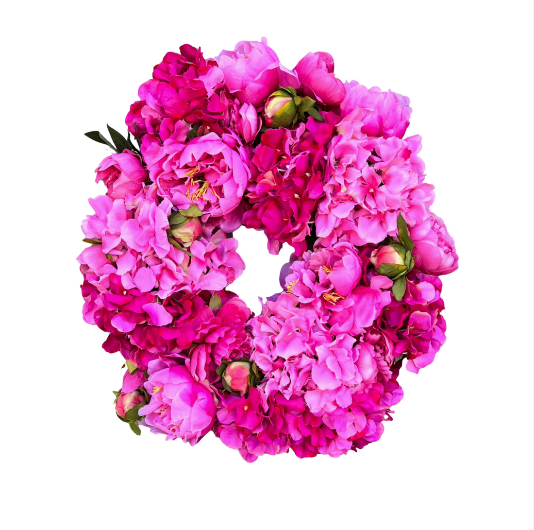 Fuchsia and pink peony and hydrangea wreath