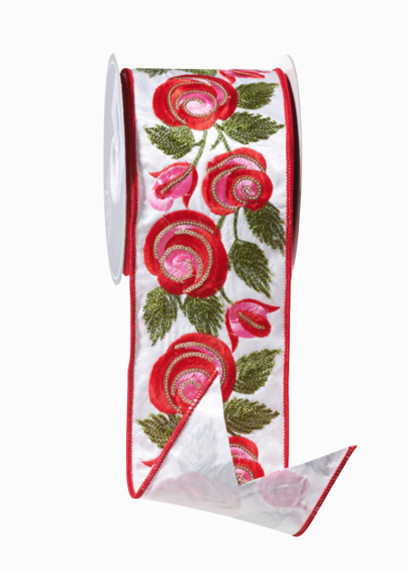 Embroidered roses ribbon pink and red