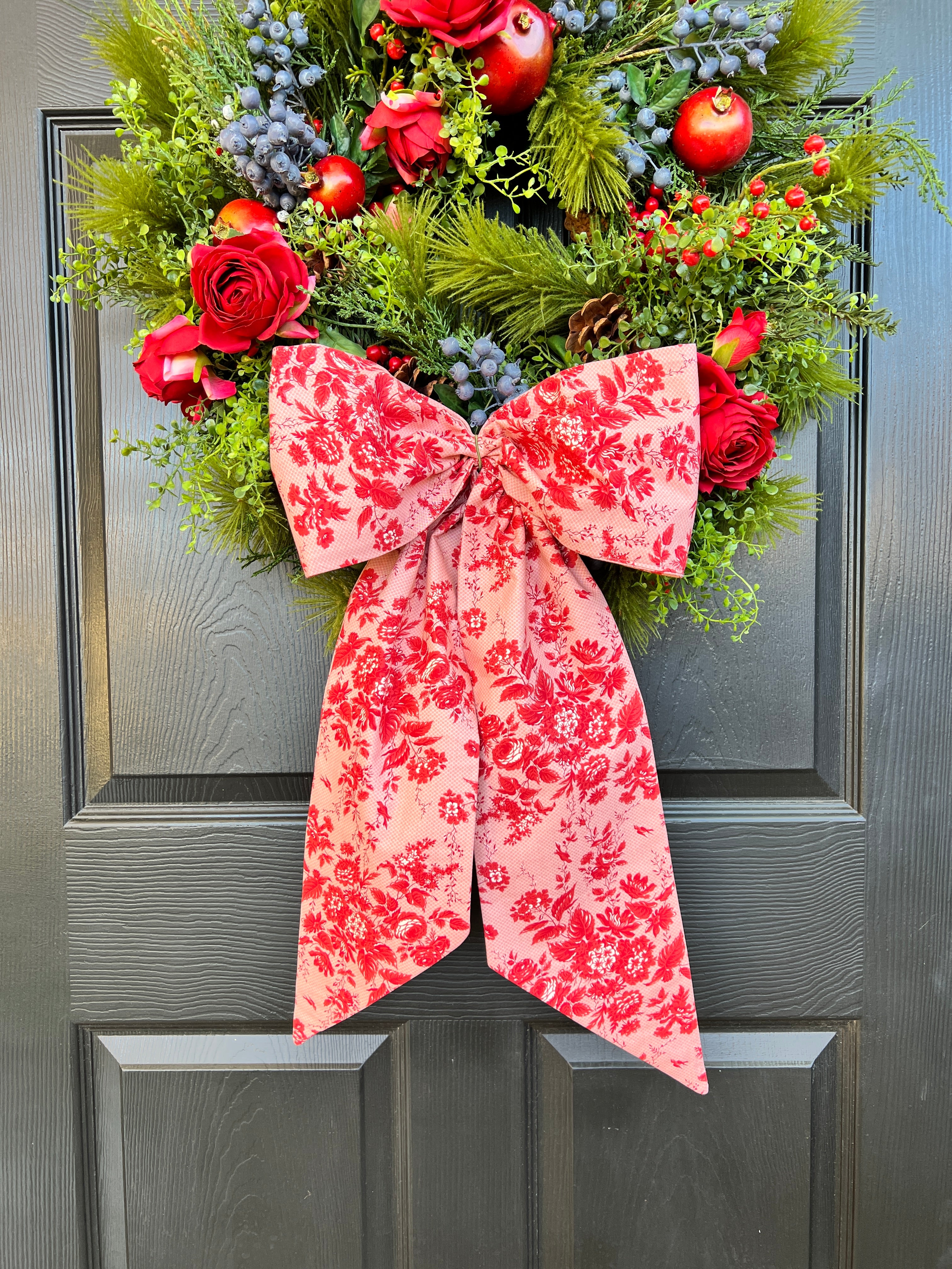 Red and pink floral toile wreath sash