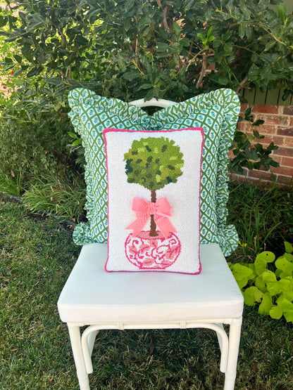 Pink chinoiserie hooked wool topiary pillow