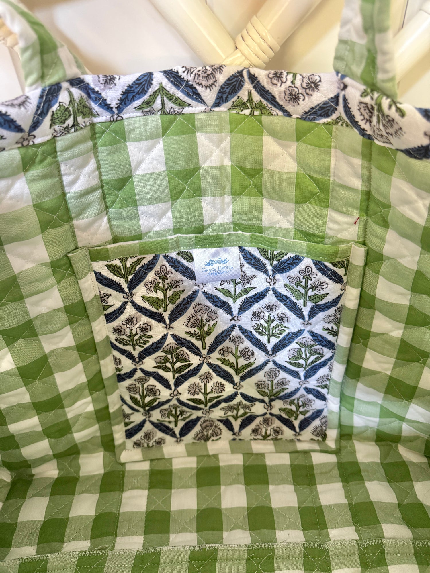 Blue and green quilted block print oversized tote bag monogram available