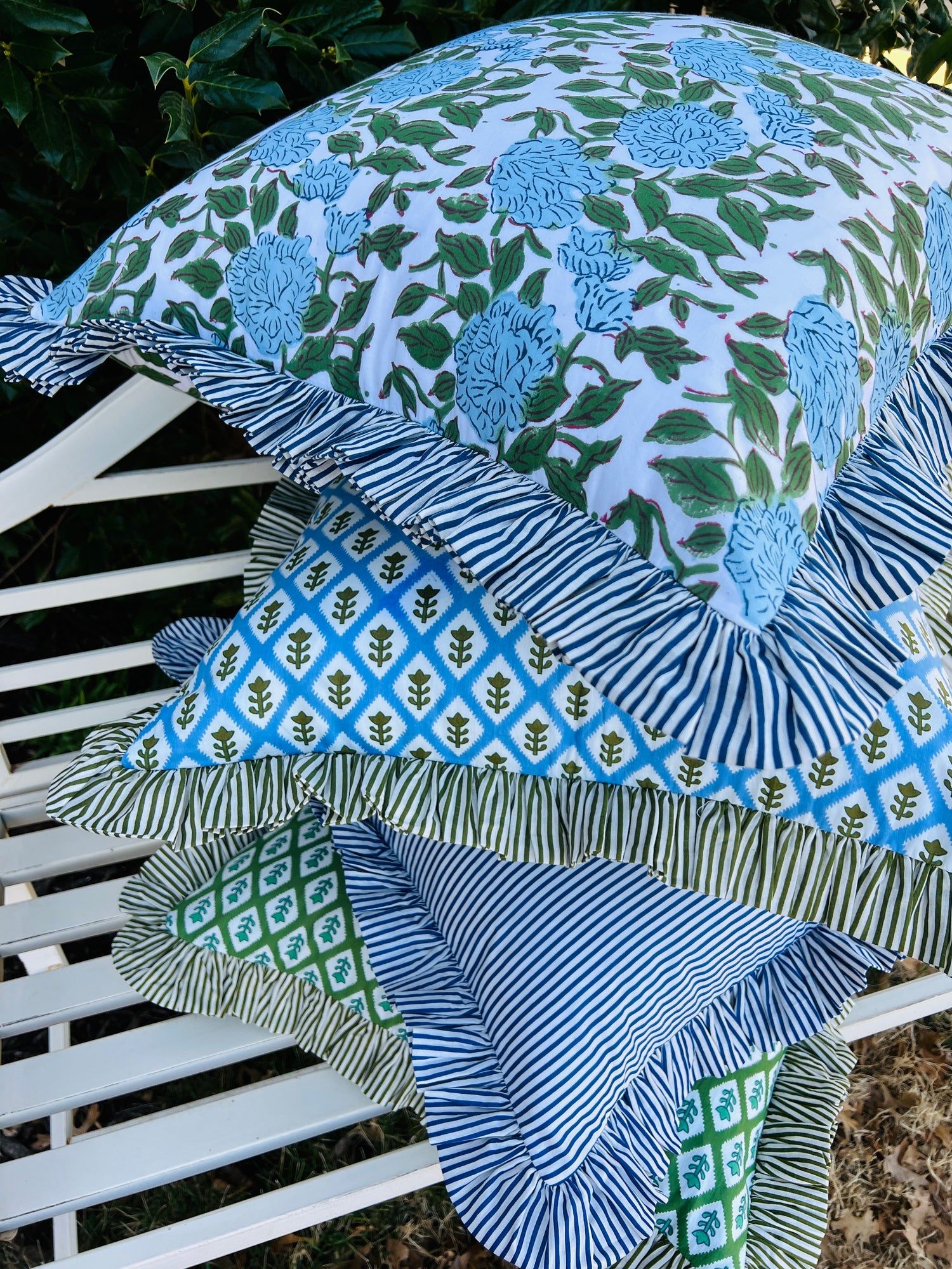 Blue striped ruffle pillow cover, two sizes